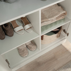 English Elm Wardrobe/Storage Cabinet White — Slim Engineered Wood Organizer with Concealed Doors & Adjustable Shelves B356P402594