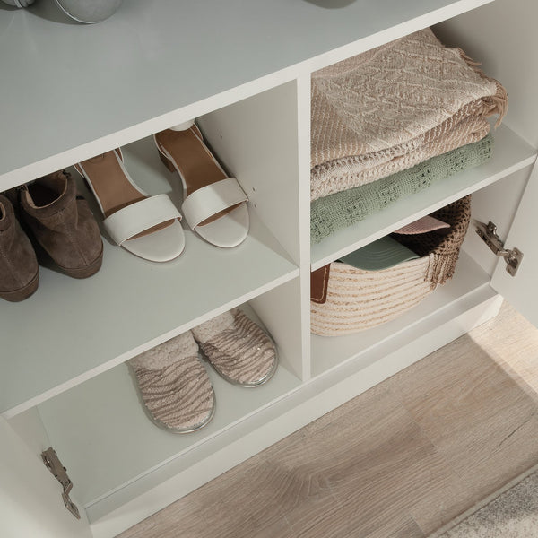 English Elm Wardrobe/Storage Cabinet White — Slim Engineered Wood Organizer with Concealed Doors & Adjustable Shelves B356P402594