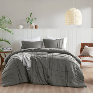English Elm 3-piece Cal King Pintuck Pleated Microfiber Comforter Set Soft Washed Tailored Bedding Grey B035P463228