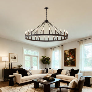 English Elm 53.15 Inch Matte Black 24 Light Wagon Wheel Chandelier for Farmhouse Dining Rooms W5008P392780