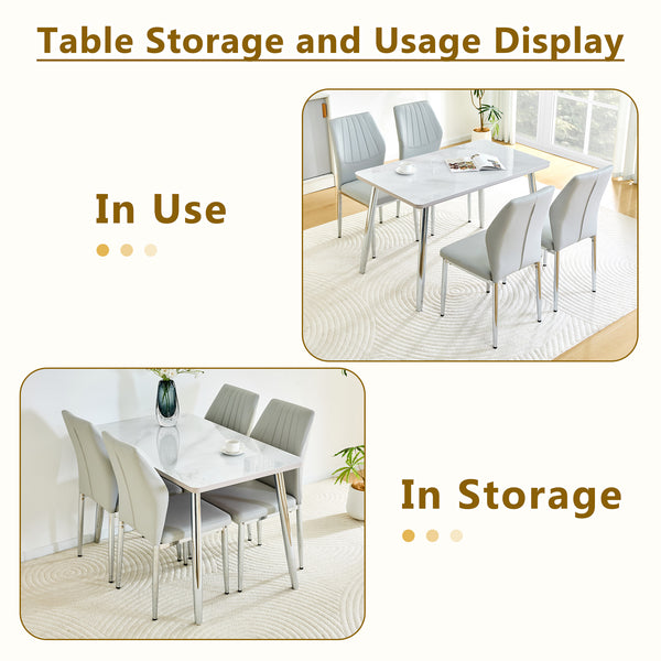 English Elm Table and Chair Set Marble Glass Top Silver Legs with Four Pu Seats for Dining W1151S04642