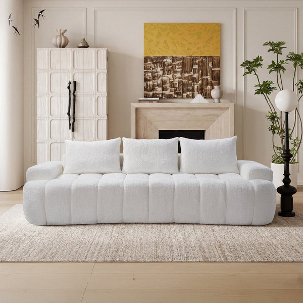 English Elm 100" Oversized Curved Boucle Sectional Sofa Channel Tufted 3 Seat Modern Living Room White W5515P495958