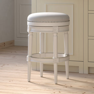 English Elm 31in. Swivel Barstool Faux Leather Seat Nailhead Trim Carved Walnut Frame Kitchen Bar White B2751P436437