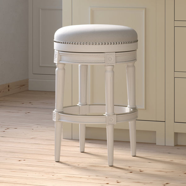 English Elm 31in. Swivel Barstool Faux Leather Seat Nailhead Trim Carved Walnut Frame Kitchen Bar White B2751P436437