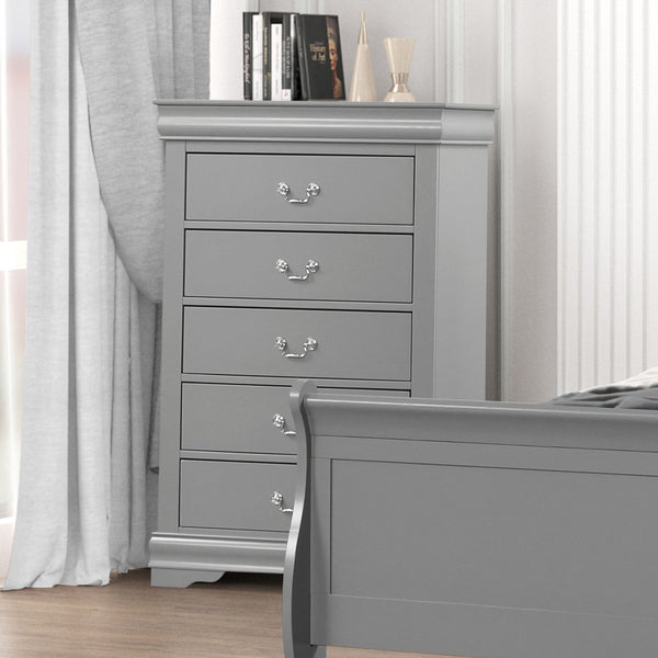 English Elm 1pc Chest Transitional Weathered Finish 5-Drawer Tall Dresser with Dentil Molding and Metal Knobs Gray 19 L x 34 W x 52 H B2741P378512