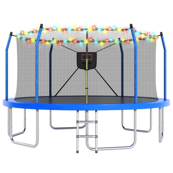 English Elm 16ft Round Outdoor Trampoline Galvanized Steel Frame Basketball Hoop Safety Net Blue N739S000004C