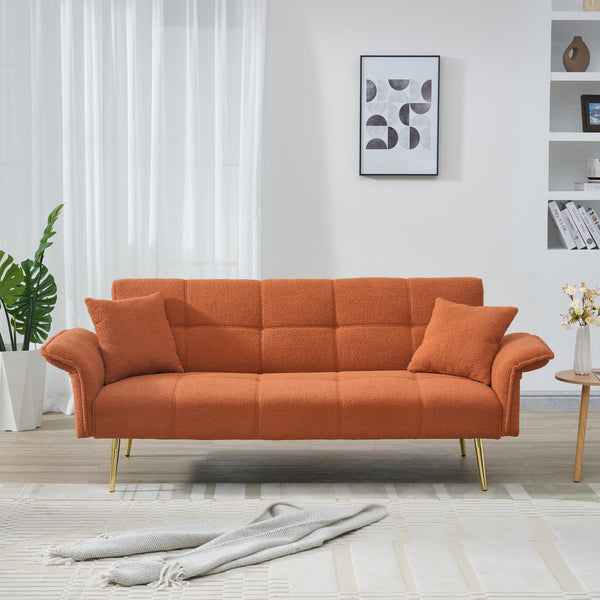 English Elm 70-inch Teddy Fleece Sofabed Convertible Futon with Adjustable Arms & Backrest, Plush Studio Bed Lounge Orange W2290P257421