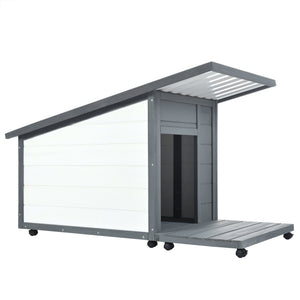 English Elm Outdoor Solid Wood Dog House with Waterproof PVC Roof, Dual Bowls, Lockable 4-Wheel Base, Grey Modern Shelter for Small Pets N843P252402B
