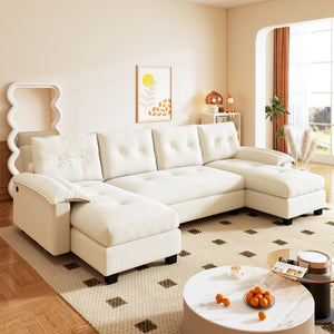 English Elm 104.7" U-Shaped Sleeper Sofa with Pull-Out Bed, Convertible Modular Sectional with Chaise, USB Ports, Chenille Upholstery Beige+White W1885S00211