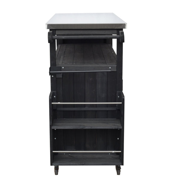 English Elm Foldable Outdoor Kitchen Cart with Stainless Worktop Fir Wood Frame and Lockable Wheels Black N719P380279B