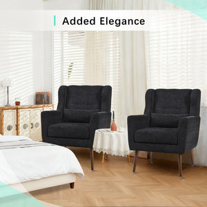 English Elm Modern Accent Chair Chenille Upholstered Ergonomic Lounge Armchair with Wood Legs and Pillow for Reading Comfort and Stylish Living Room Seating Black W1028P382764