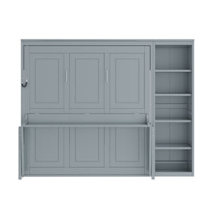 English Elm Queen Size Murphy Bed With Integrated Desk & Bookshelf – Stylish Gray Space-Saving Solution! N7090004016E-GIGA