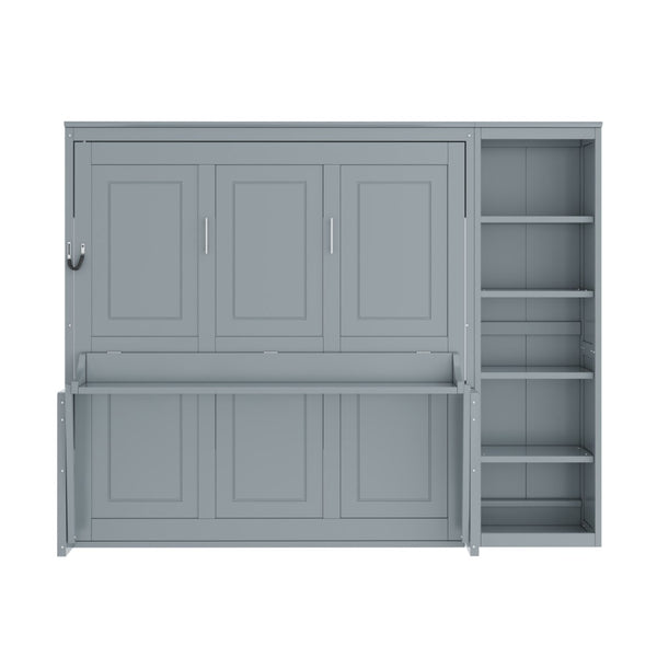 English Elm Queen Size Murphy Bed With Integrated Desk & Bookshelf – Stylish Gray Space-Saving Solution! N7090004016E-GIGA