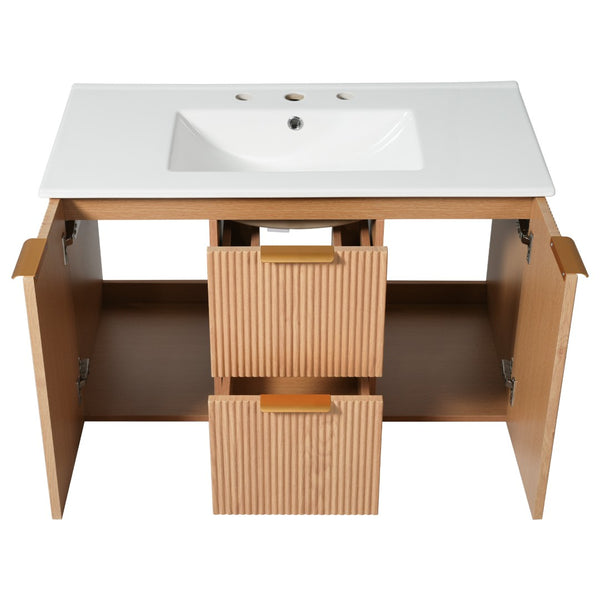 English Elm [video]36 Inch Floating Bathroom Vanity with Ceramic Sink Mdf Cabinet Soft Close N729P417256N