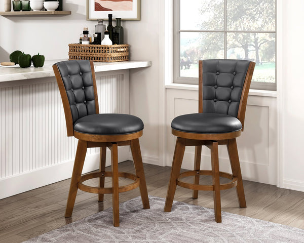 English Elm Swivel Counter Height Chairs Set of 2 with 360° Swivel, Button-Tufted Black Faux Leather Seats, Chestnut Wood Frame B011P220995