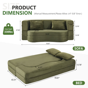 English Elm 71-inch plush folding sofa bed with high-density foam, faux fur futon convertible for guests and yoga Green W1829P362308
