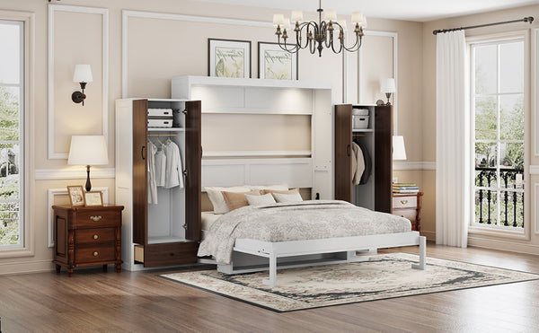 English Elm Queen Murphy Wall Bed with Fold Down Desk Dual Wardrobes and Drawers in White LP000925AAK