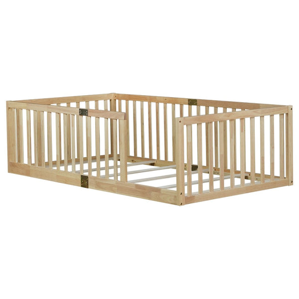 English Elm Twin House Frame Floor Bed Rubberwood with Roof Canopy and Safety Rails for Kids Natural W504P429531