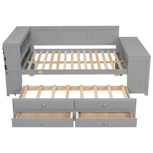 English Elm Full Size Pine Wood Platform Daybed with Led Headboard Desk Storage and Charging Gray N7090000475E-1