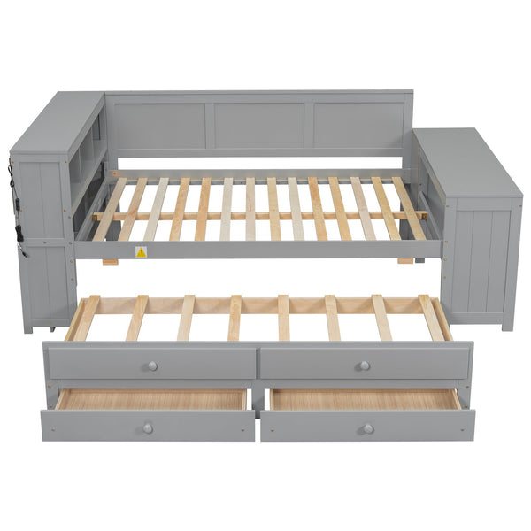 English Elm Full Size Pine Wood Platform Daybed with Led Headboard Desk Storage and Charging Gray N7090000475E-1
