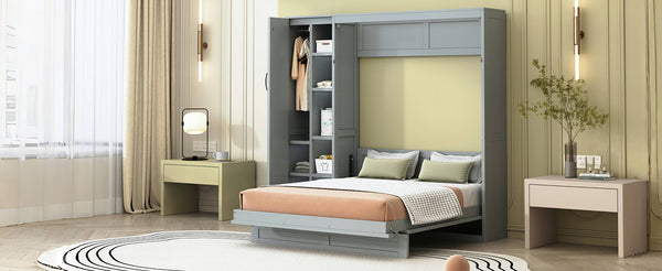 English Elm Full Size Murphy Bed with Open Shelving Wardrobe and Led Lighting for Studio Spaces Gray LP000898AAE-1