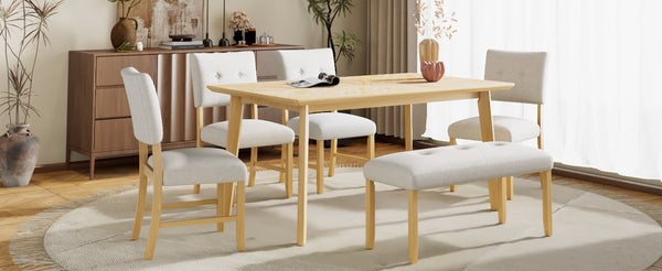 English Elm 6 Piece Dining Set with Rectangular Solid Wood Table, Upholstered Chairs & Bench, Rustic Charm, Easy Assembly, Seats 6 Natural Wood Wash N752S000015D