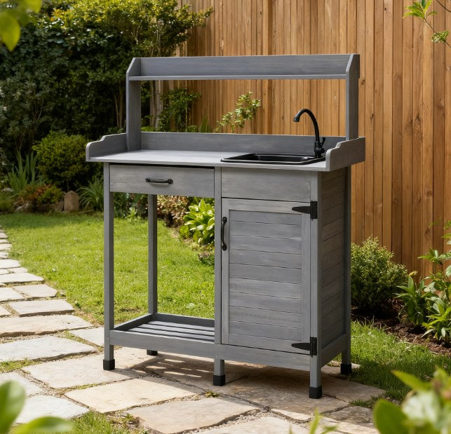 English Elm Potting Bench Solid Fir Wood Farmhouse Outdoor Workstation with Sink and Storage T3971P422859
