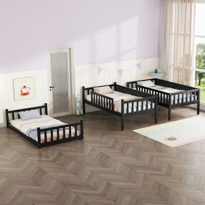 English Elm Twin Triple Rubberwood Bunk Bed with Ladders & Guardrails, Space-Saving Modular Design for Families Black W504S00173