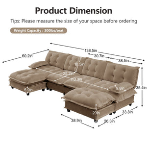 English Elm 138" U-shaped Chenille Cloud Sectional with Ottomans Deep Seat Modular Living Room Sofa Light Coffee W714S01716