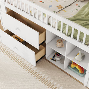 English Elm Twin Loft Bed with Built-In Stairs, Shelves, Hanging Rod & 2 Drawers for Space-Saving Kids Room White 45.87 L x 18.5 W x 10.83 H W2593S00004