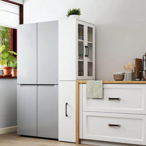 English Elm 70.87" Modern Display Storage Cabinet with 4-Tier Pull-Out Shelves, Dual Glass Doors for Home White W331P295245