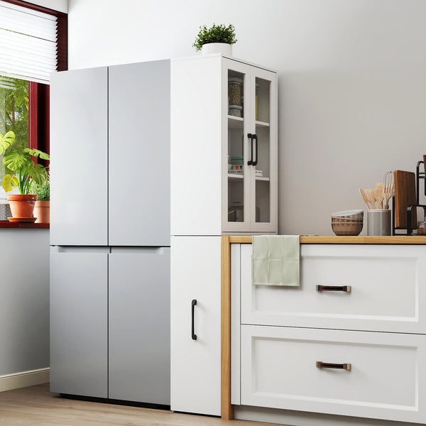 English Elm 70.87" Modern Display Storage Cabinet with 4-Tier Pull-Out Shelves, Dual Glass Doors for Home White W331P295245
