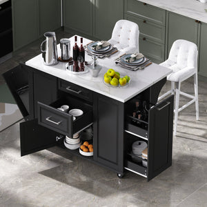 English Elm K&K Vintage Convex Kitchen Island Cart with Faux Marble Top, Tilt Trash, Pull-Out Organizer, Wheels Black N707P299008B