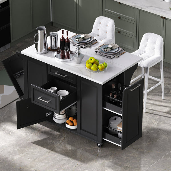 English Elm K&K Vintage Convex Kitchen Island Cart with Faux Marble Top, Tilt Trash, Pull-Out Organizer, Wheels Black N707P299008B