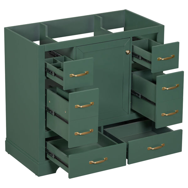 English Elm 36" Modern Bathroom Vanity Cabinet Base with Six Drawers, Adjustable Shelf & Drawer Organizer Green WF307973AAF