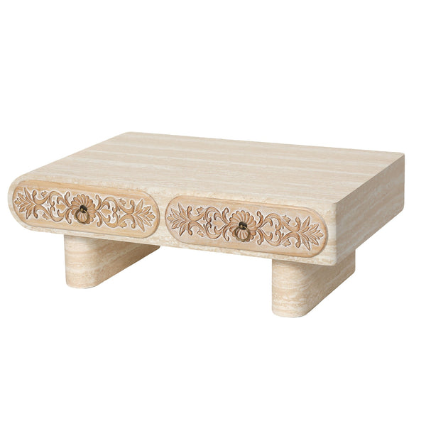 English Elm Rounded Edge Coffee Table Solid Wood Engraved Drawer Modern Living Room Storage W3040P428686