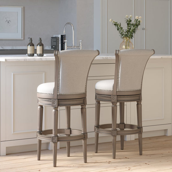 English Elm 26in. Wood High-back Swivel Barstool Farmhouse Style Nailhead Upholstered Kitchen Seat Gray B2751P436431