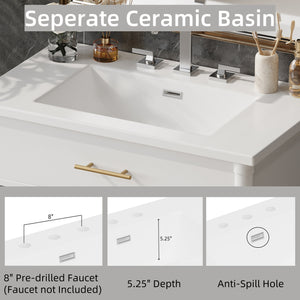 English Elm Christopher Knight Home® - 30 Inches Bathroom Vanity With Soft Close Doors, Curved Design, Adjustable Shelf & Elegant Sink N817P299509W