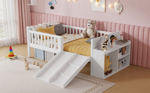 English Elm Twin Low Loft Kids Bed with Fun Slide Climbing Structure and Movable Bookshelf White W2593P437109