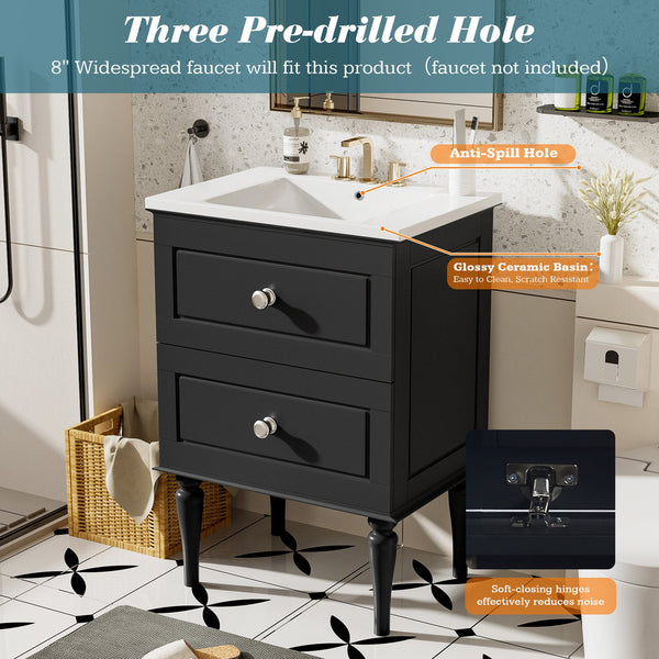 English Elm 24'' French-Style Bathroom Vanity with Ceramic Sink, Black Long Legs, 2 Drawers, Moisture-Resistant Elegance N710P195621B