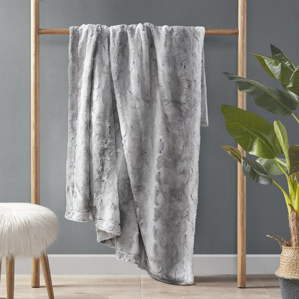JLA Home Madison Park - Faux faux fur throw indulgent plush reversible faux mink blanket OEKO-TEX certified machine washable luxury Grey MP50-8525