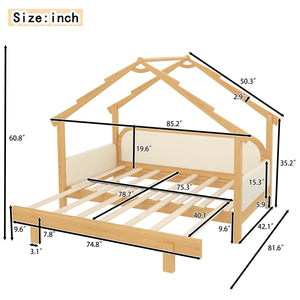 English Elm Twin Pine Treehouse Floor Bed with Padded Rails and Cabin Roofline for Kids White W1580S00383