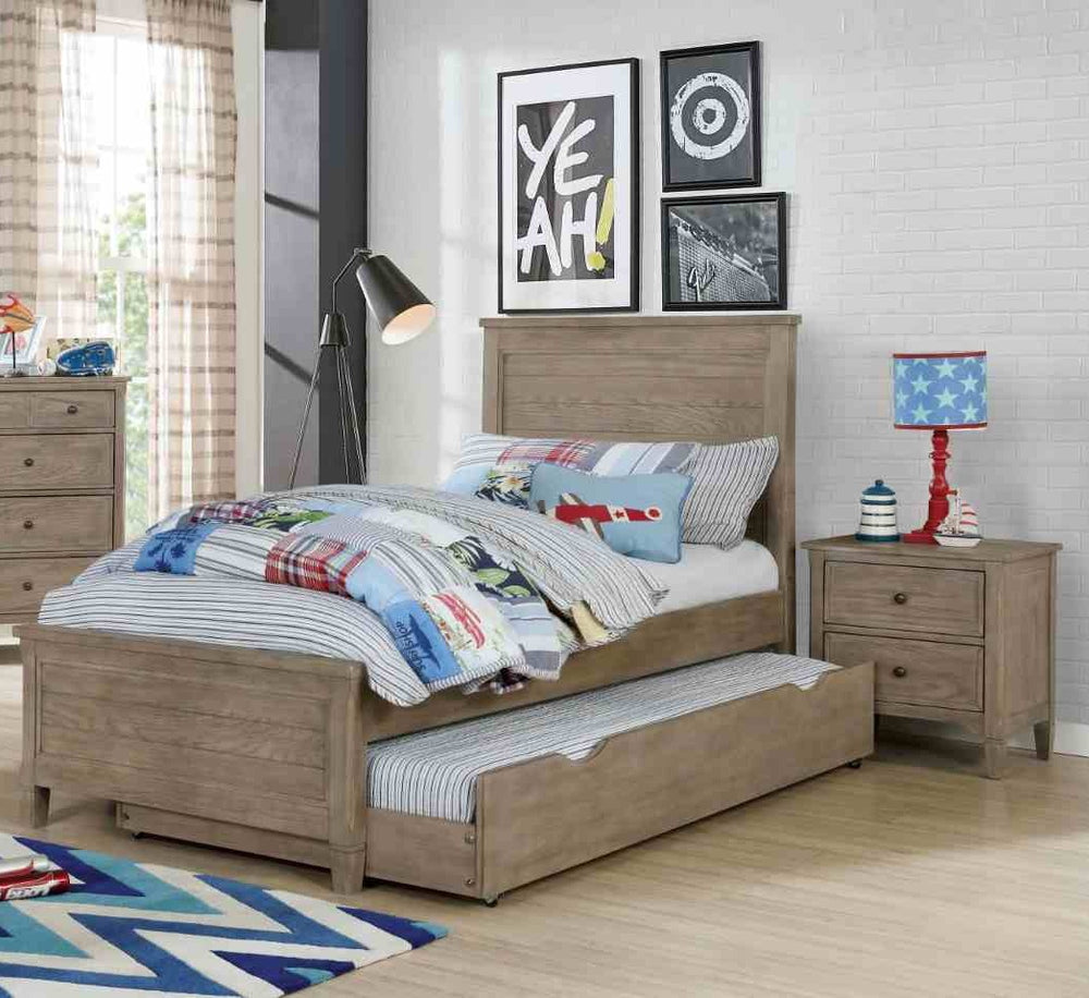 English Elm Transitional Twin Bed Set with Trundle and Nightstands Wire-brushed Wood Grain Finish B2741S00853