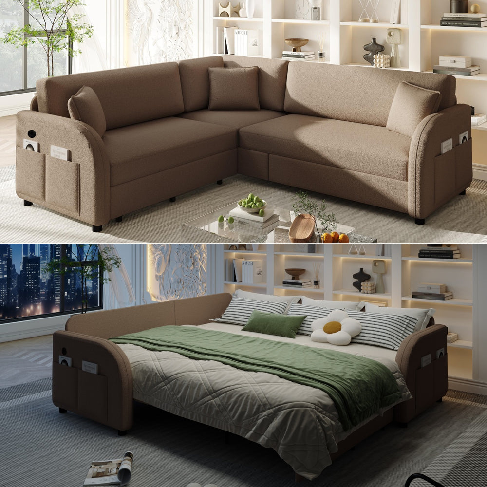 English Elm 85.1" Teddy Plush L-shaped Sectional Sleeper Sofa with Usb Ports and Pull Out Bed Brown W1885S00321