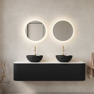 English Elm Dina 60 Inch Floating Bathroom Vanity Sintered Stone Top Dual Glass Basins Wood Grain Black,White W2615S00267