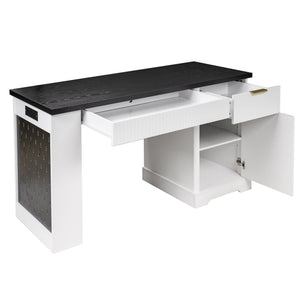 English Elm 55" Fluted White Computer Desk with Power Outlet Pegboard Cabinet and Keyboard Tray W2917P396008