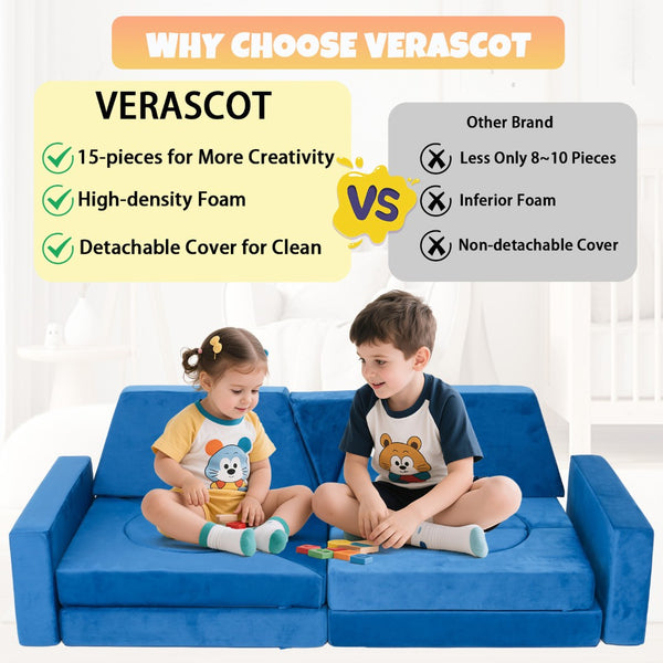 English Elm 15pcs Modular Toddler Play Couch Set Velvet Foam Fort Building Playroom Seating Blue T5880P493413