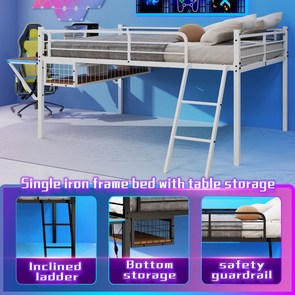 English Elm Full Size Steel Loft Bed with Integrated Desk Led Lighting and Under Bed Storage White W1935P463341