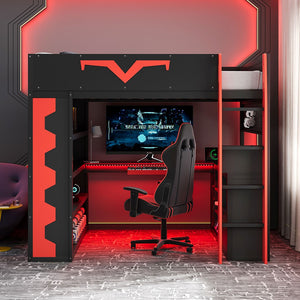 English Elm Full Size Gaming Loft Bed with Desk Rgb Lighting Power Outlet and Storage Drawer Red LT000285AAJ