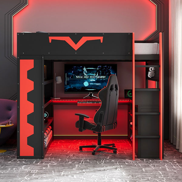 English Elm Full Size Gaming Loft Bed with Desk Rgb Lighting Power Outlet and Storage Drawer Red LT000285AAJ